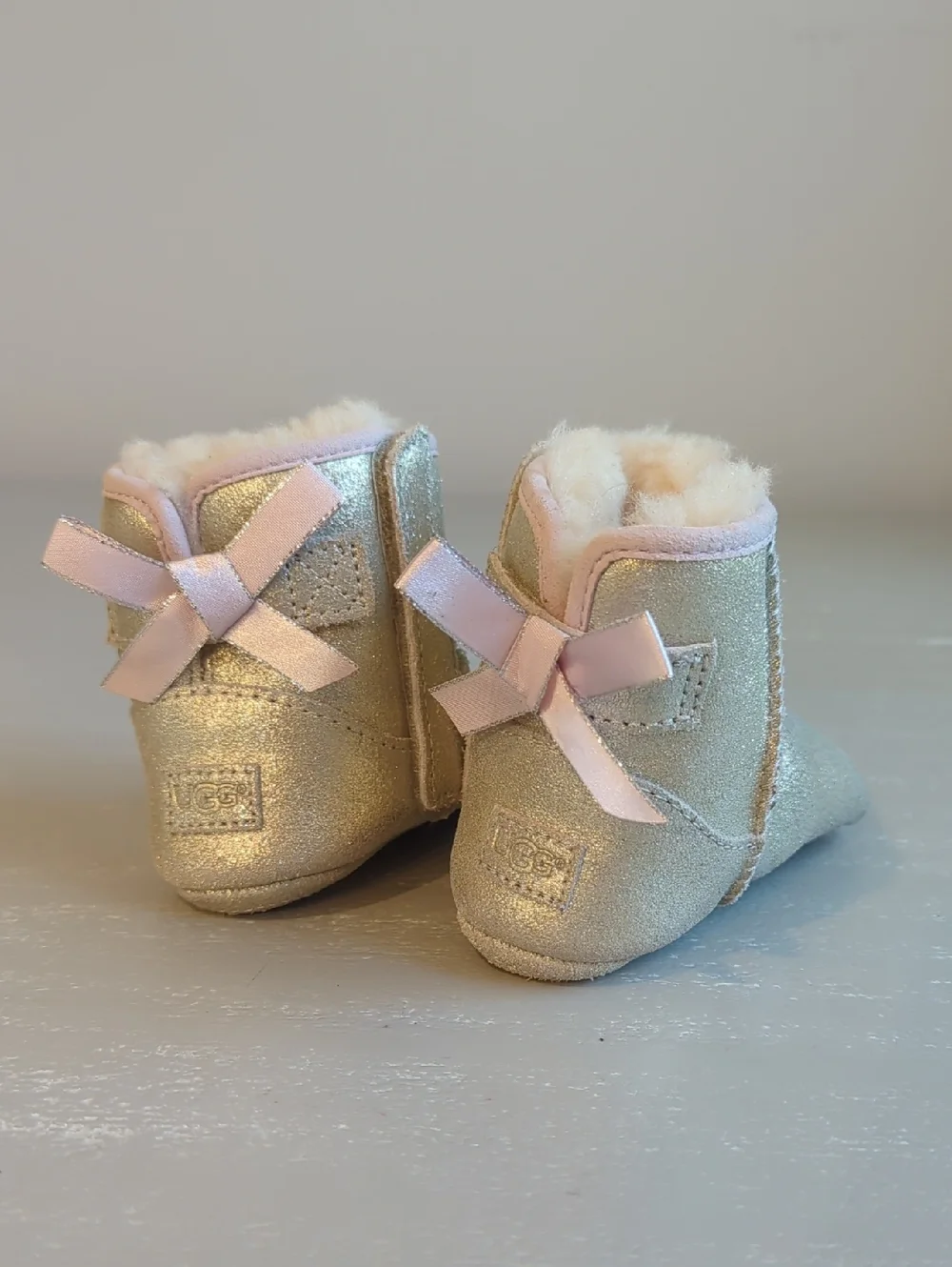 UGG Metallic Gold‎ Baby Booties with Pink Bows